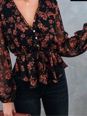 Floral Tie-Waist Sheer Blouse - Black with Rust Floral